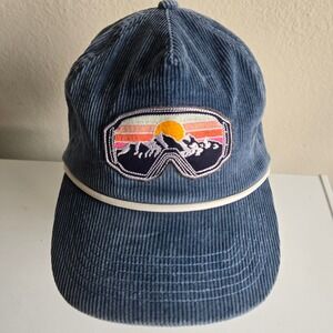 Snag Collective Blue Corduroy Rope Hat Mountain Sunset Goggle Patch Mens Cap